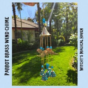 Parrots Hand Cut Brass Wind Chimes with Bells and Beads, 14in